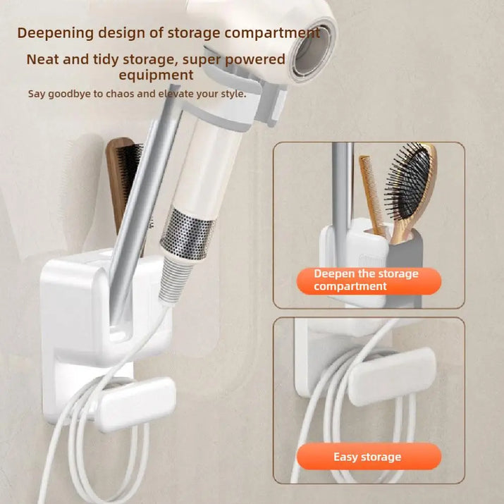 Hair Dryer Holder Bathroom Punch-Free Wall-Mounted 360°Adjustable Hand-Free Hair Dryer Stand Universal Comb Hair Dryer Organizer