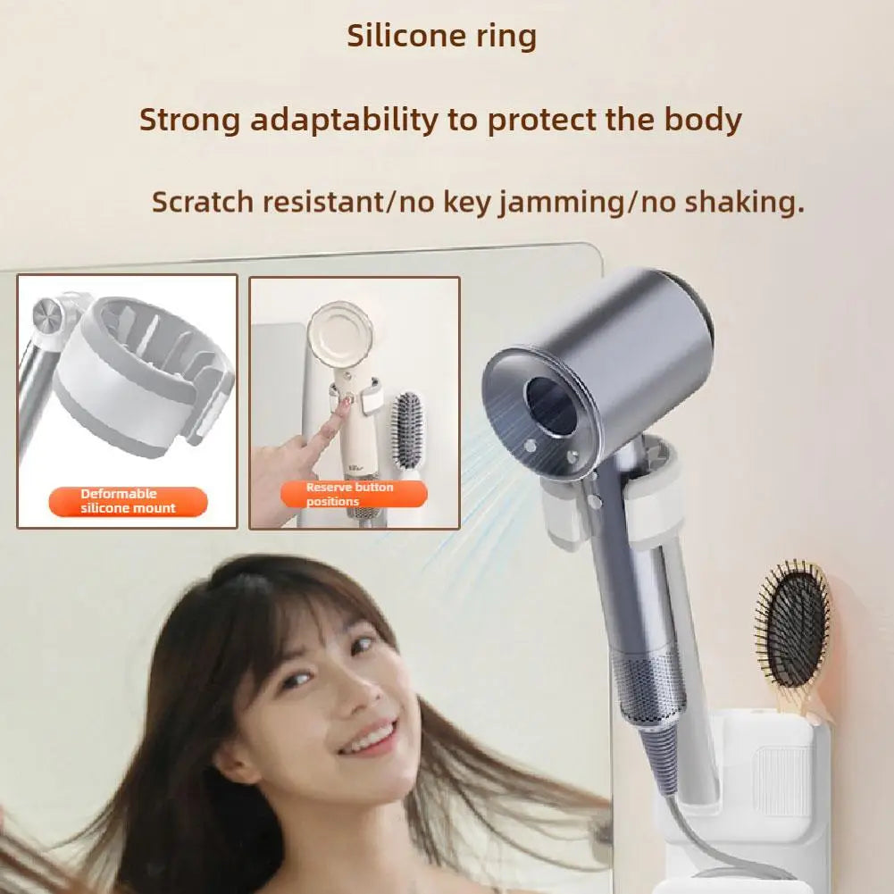 Hair Dryer Holder Bathroom Punch-Free Wall-Mounted 360°Adjustable Hand-Free Hair Dryer Stand Universal Comb Hair Dryer Organizer