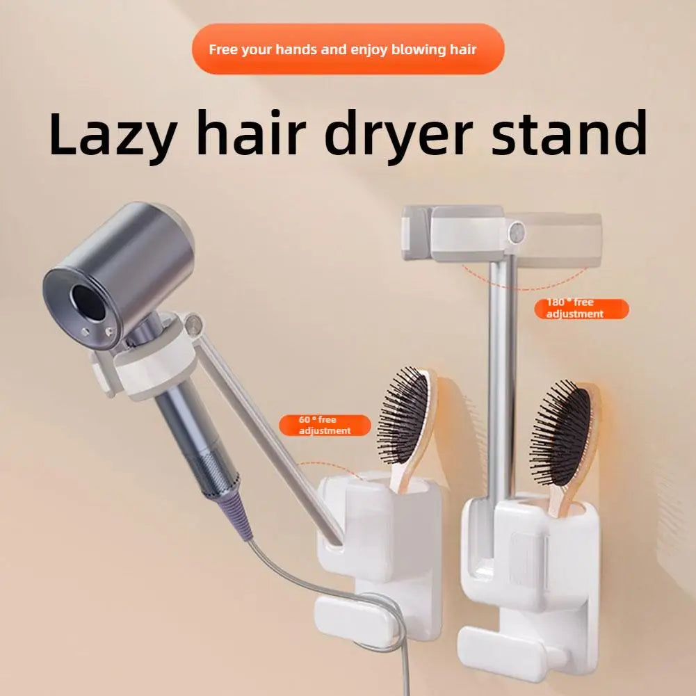 Hair Dryer Holder Bathroom Punch-Free Wall-Mounted 360°Adjustable Hand-Free Hair Dryer Stand Universal Comb Hair Dryer Organizer