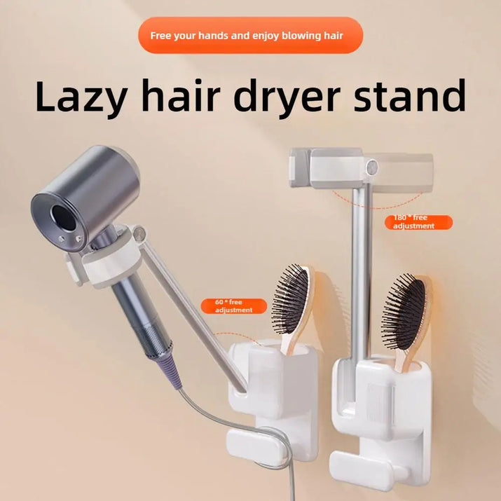 Hair Dryer Holder Bathroom Punch-Free Wall-Mounted 360°Adjustable Hand-Free Hair Dryer Stand Universal Comb Hair Dryer Organizer